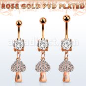 mdrz764c rose gold cz belly banana w dangling crystal mushroom 