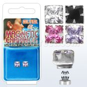 mgzq6 pair of silver magnetic earring studs w 6mm square cz
