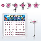 nbbxm4 box of silver nose bones with assorted rose crystal tops
