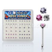 nbczbxm box of silver nose bones with 2mm color prong cz