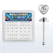 nbhrbxc box of silver nose bones with heart with center crystal
