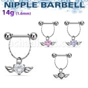 npdl26 steel nipple barbell w chain dangling heart shaped cz