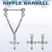 npdl3 steel nipple barbell w a dangling cross w cz stone