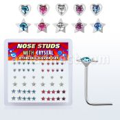 nsmhsm silver nose studs with heart star w center crystal