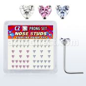 nszbhm silver nose studs w heart assorted color prong cz
