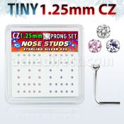 nszbm12 box of silver nose studs w 1 25mm prong set cz in colors