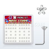 nszbsc box of silver nose studs with 3mm star clear prong cz