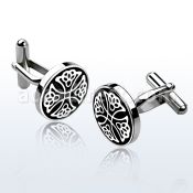 scl12 high polished steel cufflinks w cross flower on black