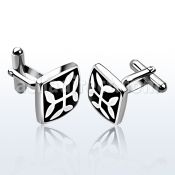 scl16 high polished square steel cufflinks w flower on black