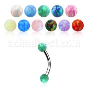 steel eyebrow banana 18g w two 3mm synthetic opal balls