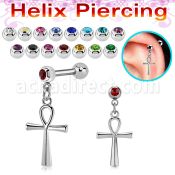 steel helix barbell w jewel ball dangling ankh cross 