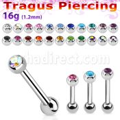 steel tragus barbell 1.2mm w top 3mm bezel set jewel ball