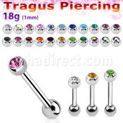 steel tragus barbell 1mm w a top 3mm bezel set jewel ball