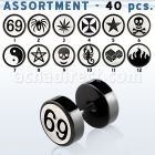 blk434 surtido piercings 40 plugs falsos variados acero quirurgico anodizado negro disenos variados 8mm mayorista