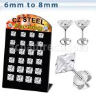 bresq display 12 pares piercings oreja acero inoxidable zirconia cuadradas claras 6mm 8mm mayorista