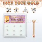drnb13 caja display 9 piercing nariz hueso oro rosa 14 kts 0 6mm zirconia claras 3mm formas cuadrado estrella tri corazon distribuidor mayorista