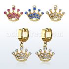 erg703 pendiente huggie oreja acero inoxidable pvd dorado colgante corona cristal mayorista