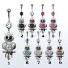 mcd468 piercing ombligo acero quirurgico bola joya bisel 8mm buho sentado rama cristal colgado 10mm al por mayor