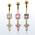 mdgz518 piercing ombligo acero 316l anodizado dorado zirconia redonda 8mm cruz formada por cuatro zirconia distribuidor