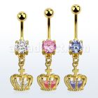 mdgz590 piercing ombligo acero 316l pvd dorado zirconita redonda 8mm colgante corona zirconia oro mayorista