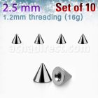 xcon25 pack 10 conos acero quirurgico brillo espejo 2 5mm rosca al por mayor