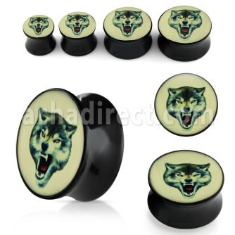 apgll black acrylic double flared plug with fierce wolf logo