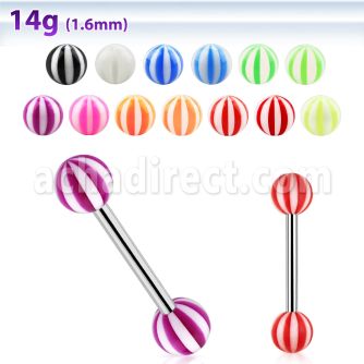 bbbe 316l steel tongue barbell with 6mm acrylic striped ball