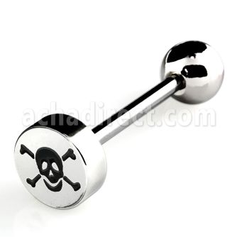 bbec7 316l steel tongue barbell with 8mm skull logo top