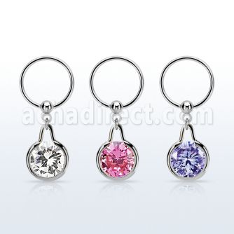 bcrsz417 steel ball closure ring w dangling w CZ stone in middle