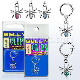 blcp673 fake belly clip w a dangling crystal studded spider 