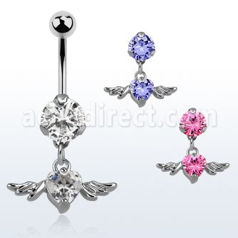 bnrz367 casted steel cz belly banana w heart shaped cz w wings
