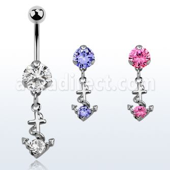 bnrz371 casted steel cz belly banana w anchor design w round cz