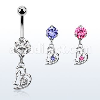 bnrz373 casted steel cz belly banana w double heart w round cz
