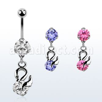 bnrz376z casted steel cz belly banana w swan design w round cz