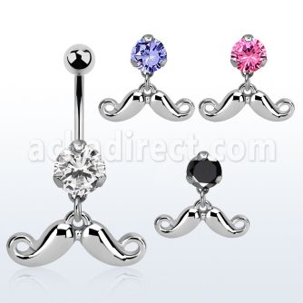 bnrz519 casted steel cz belly banana w happy mustache design