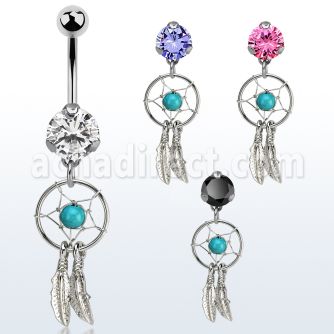 bnrz544 casted steel cz belly banana w dream catcher design