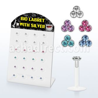 brlbi16 clear bioflexible labret with silver triple crystal top