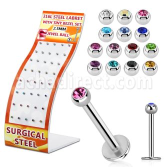 brmlb14 display w 316l steel labrets with tiny 2 5mm jewel ball