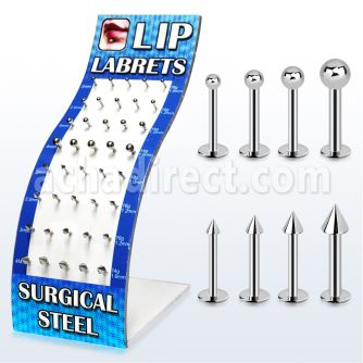 brmlb7 display of 316l steel labret with balls and cones