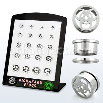 brpg143 board w steel screwfit flesh tunnel w biohazard logo