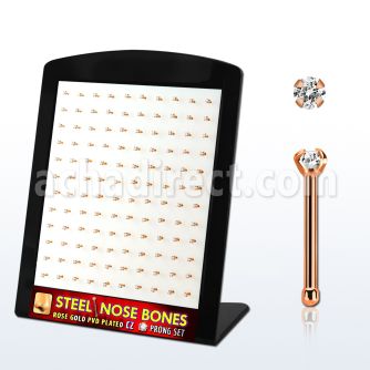 brs129 display w rose gold steel nose bones w 2mm clear czs