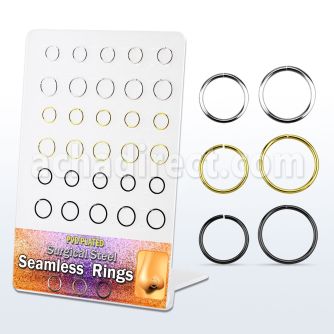 brsel11 board w 30 pcs black, gold and 316l steel seamless rings