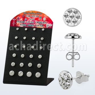 brsvfrc display w silver ear studs w clear crystal w resin cover
