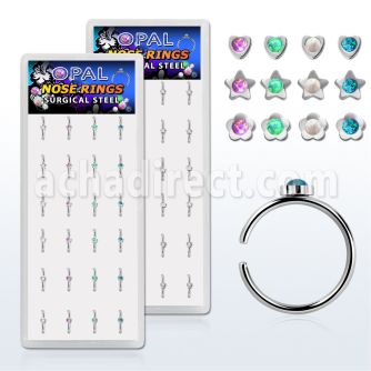 bxnr5 display w steel clip on nose rings mixed tops w opals