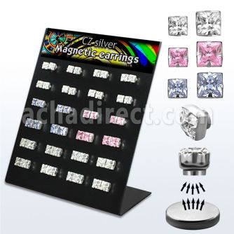 bzqmgm silver magnetic ear stud with prong set square cz stone