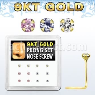 d9gsc17 9kt gold nose screw w 2mm prong set round mixed cz stone