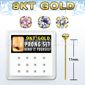 d9gys17 9kt gold bend it nose stud w 2mm round mixed cz
