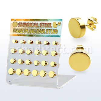 dacb189 display w 12 prs gold 316l steel fake plug ear studs