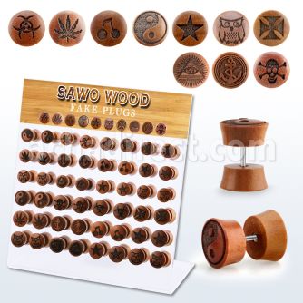 dacb219 display w 48 pcs of assorted logo wood fake plugs