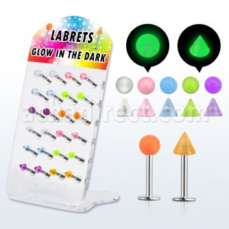 dacb95 board of 316l labret with glow in the dark ball cone